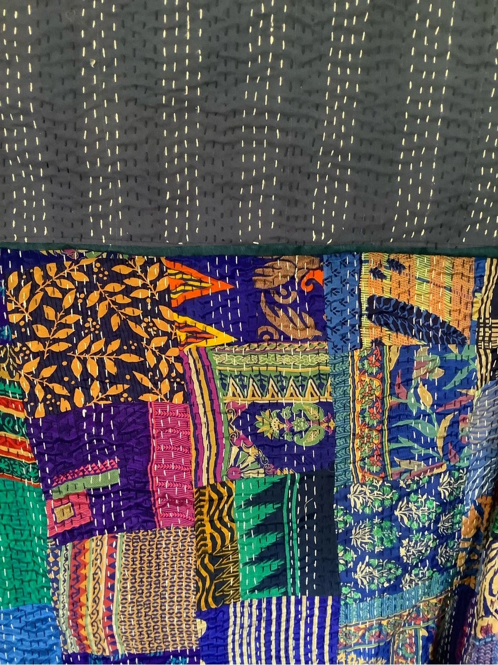 Handmade Patchwork Kantha Quilt in Multicolor Blue & Green QUEEN Size